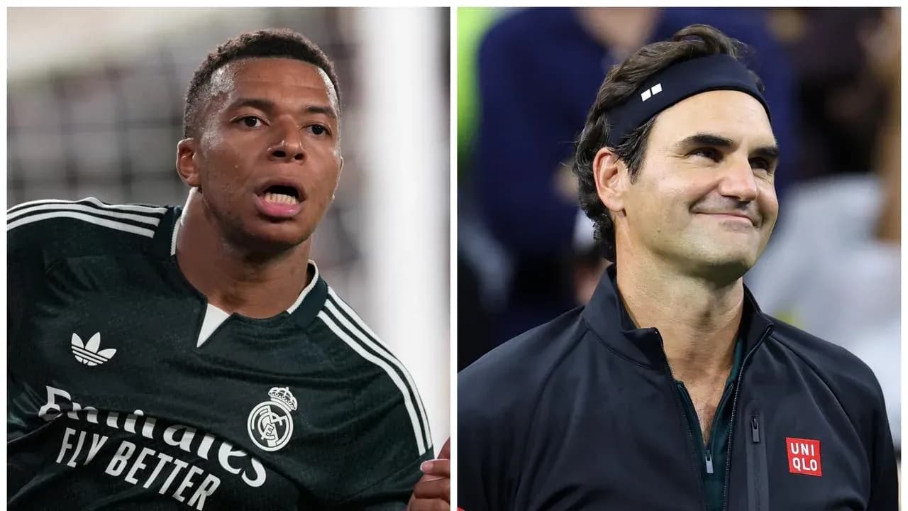 Kylian Mbappé in football kit, Roger Federer smiling Kylian Mbappé in football kit, Roger Federer smiling