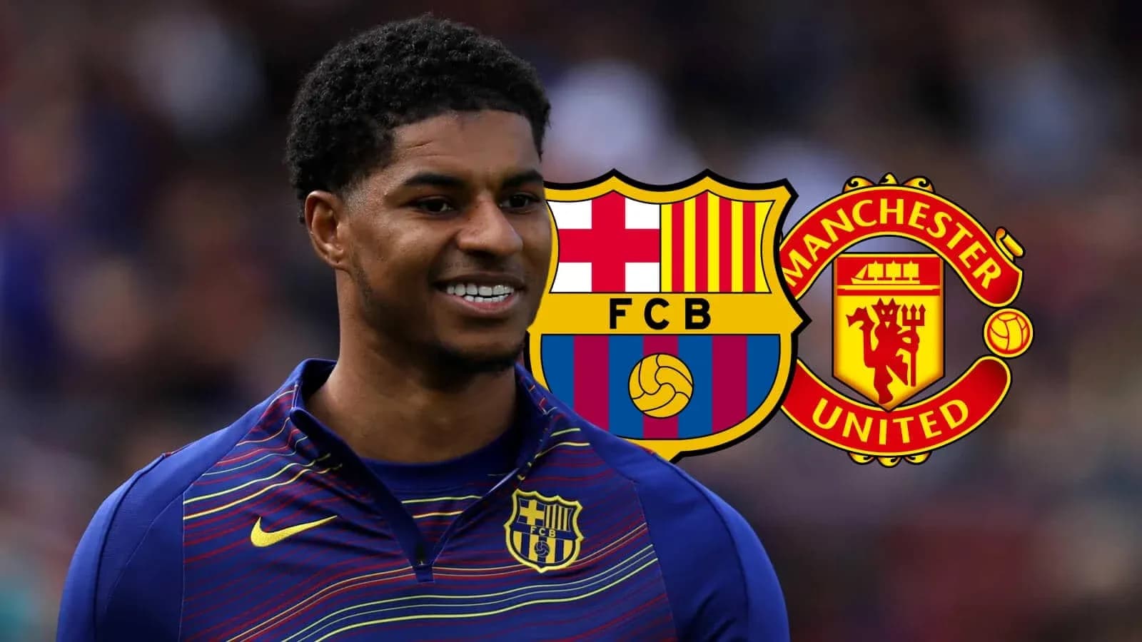 Player smiling with Barcelona and Manchester United logos Player smiling with Barcelona and Manchester United logos