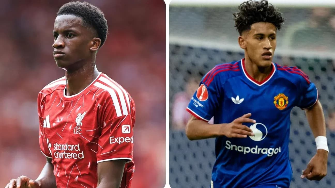 Two young football players in club kits Two young football players in club kits