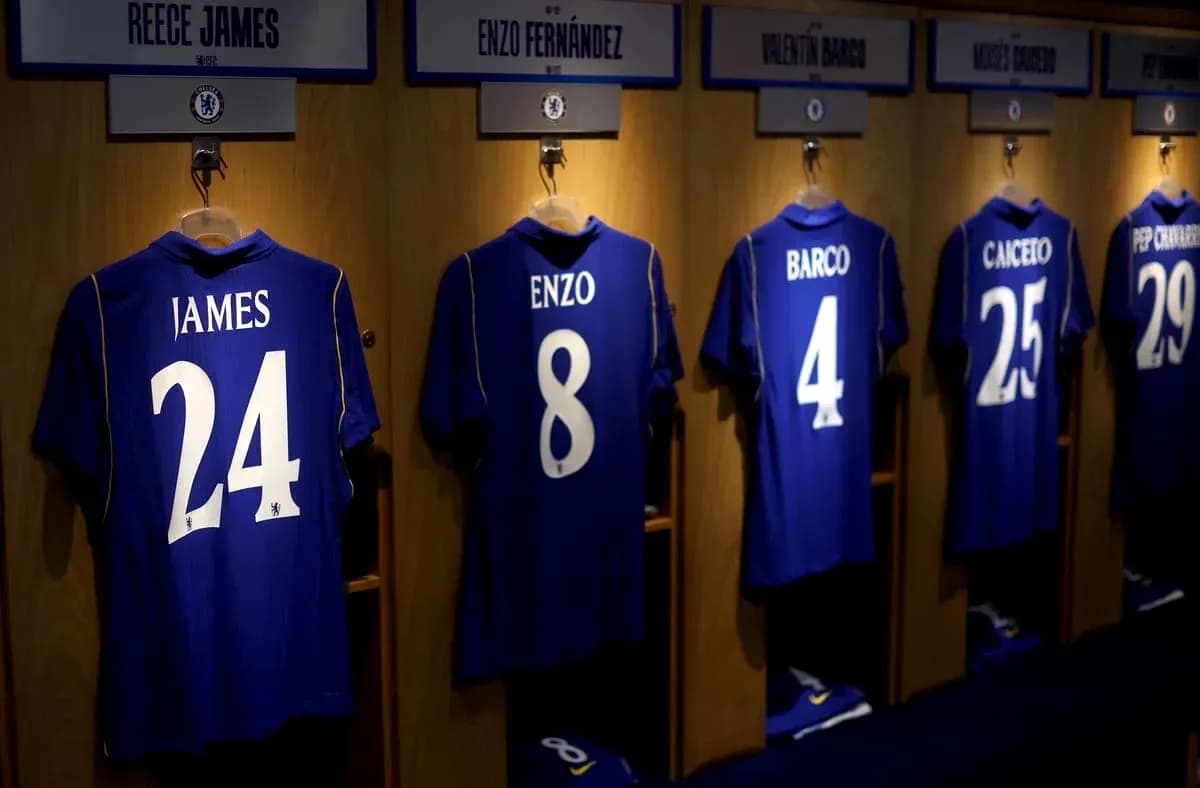 Chelsea jerseys hanging in player locker room Chelsea jerseys hanging in player locker room