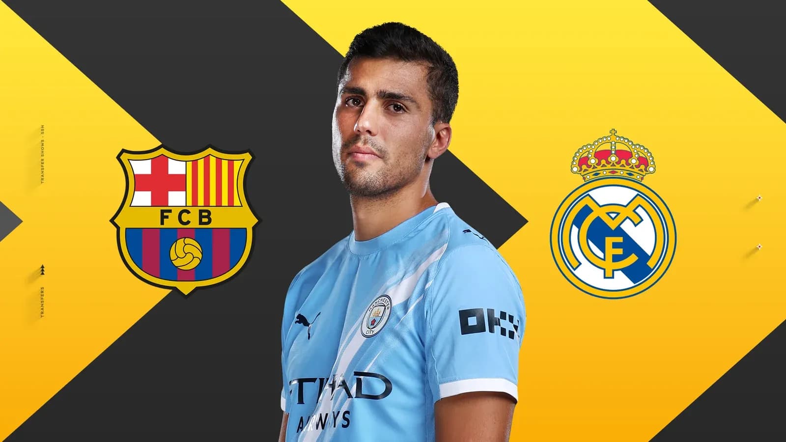 Player in Manchester City kit with Barcelona and Real Madrid logos Player in Manchester City kit with Barcelona and Real Madrid logos
