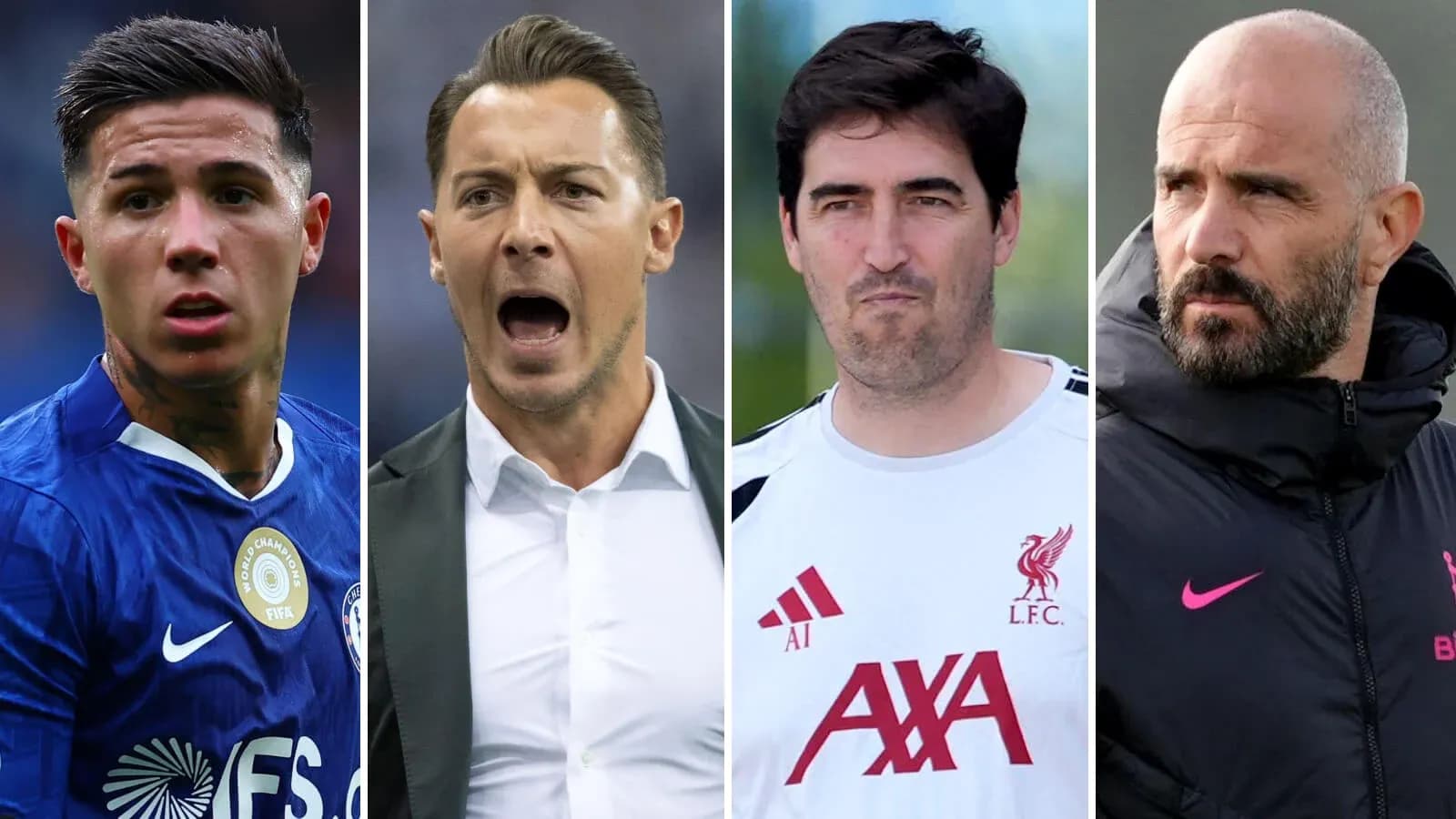 Four football figures: player and three coaches Four football figures: player and three coaches