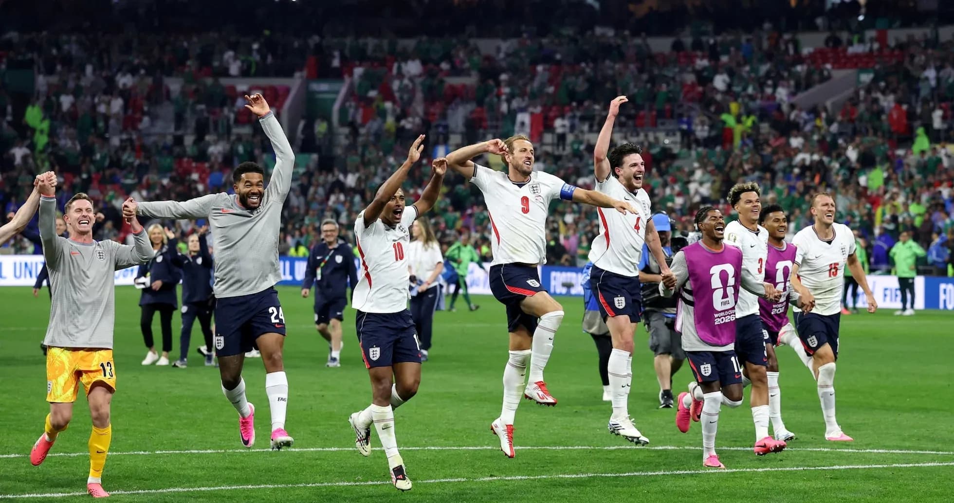 England players celebrating victory at World Cup match England players celebrating victory at World Cup match