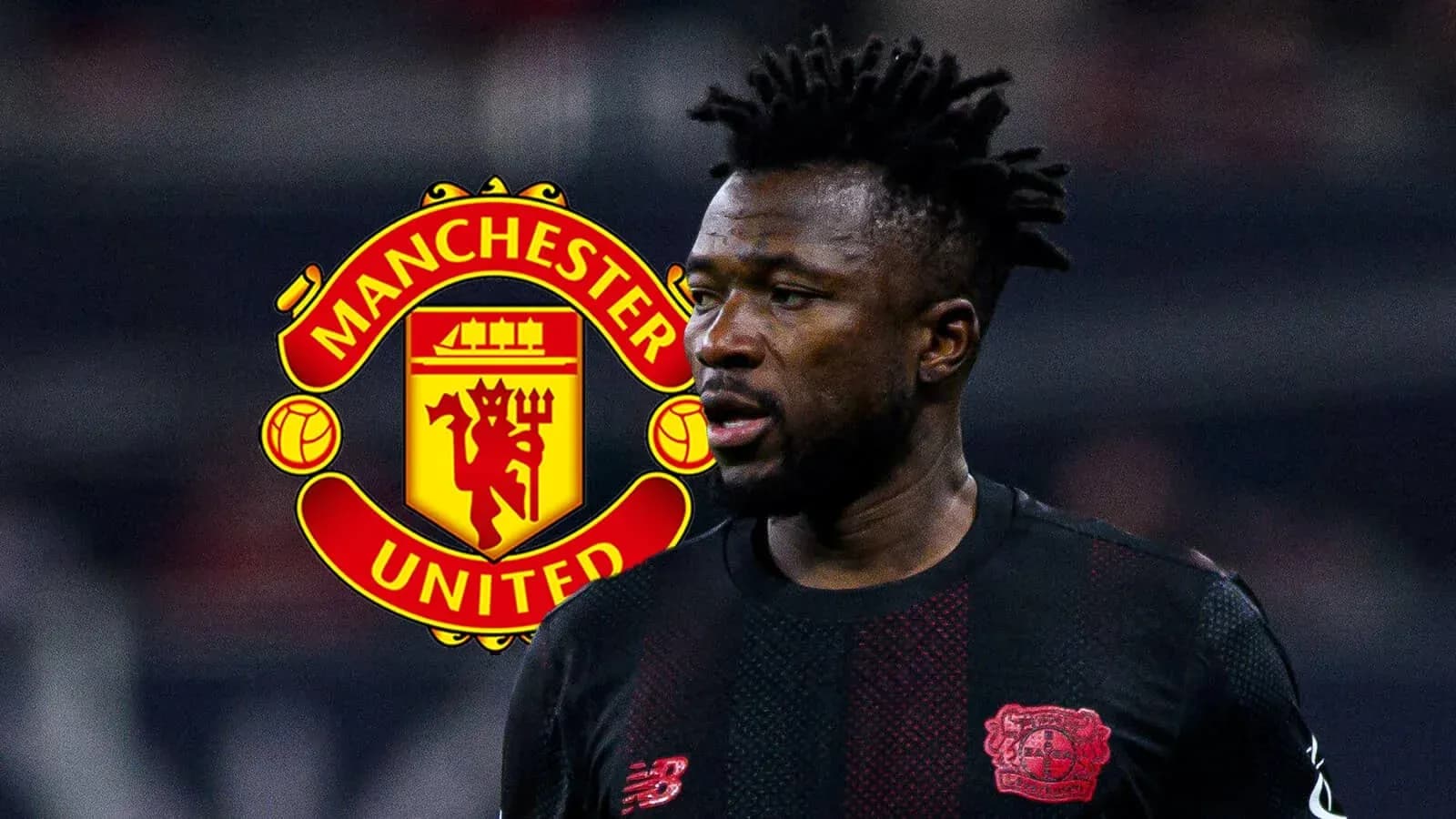 Player in black jersey with Manchester United logo background Player in black jersey with Manchester United logo background