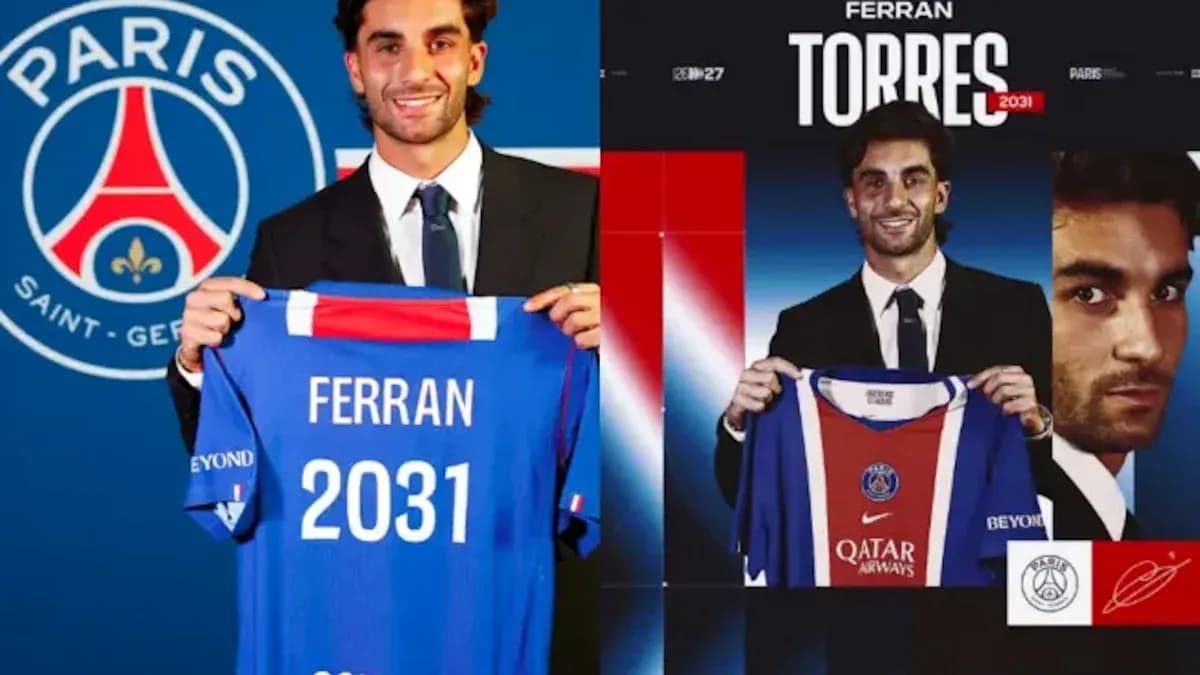 Ferran Torres holding PSG jersey during presentation Ferran Torres holding PSG jersey during presentation