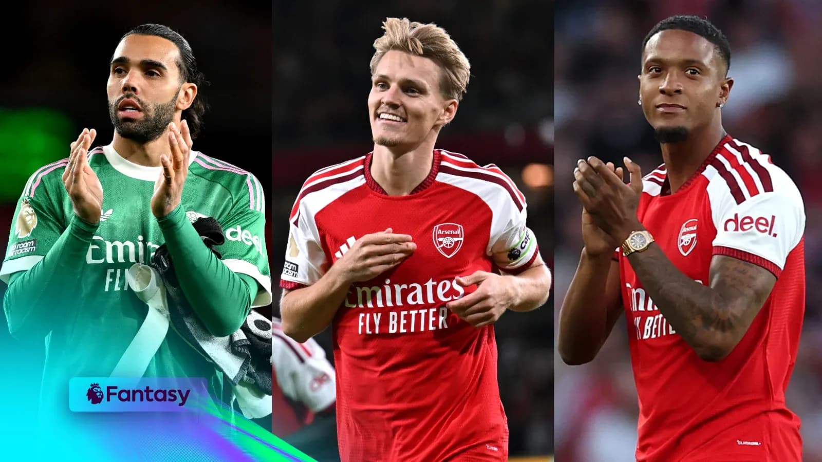 Three Arsenal players celebrating on the field Three Arsenal players celebrating on the field