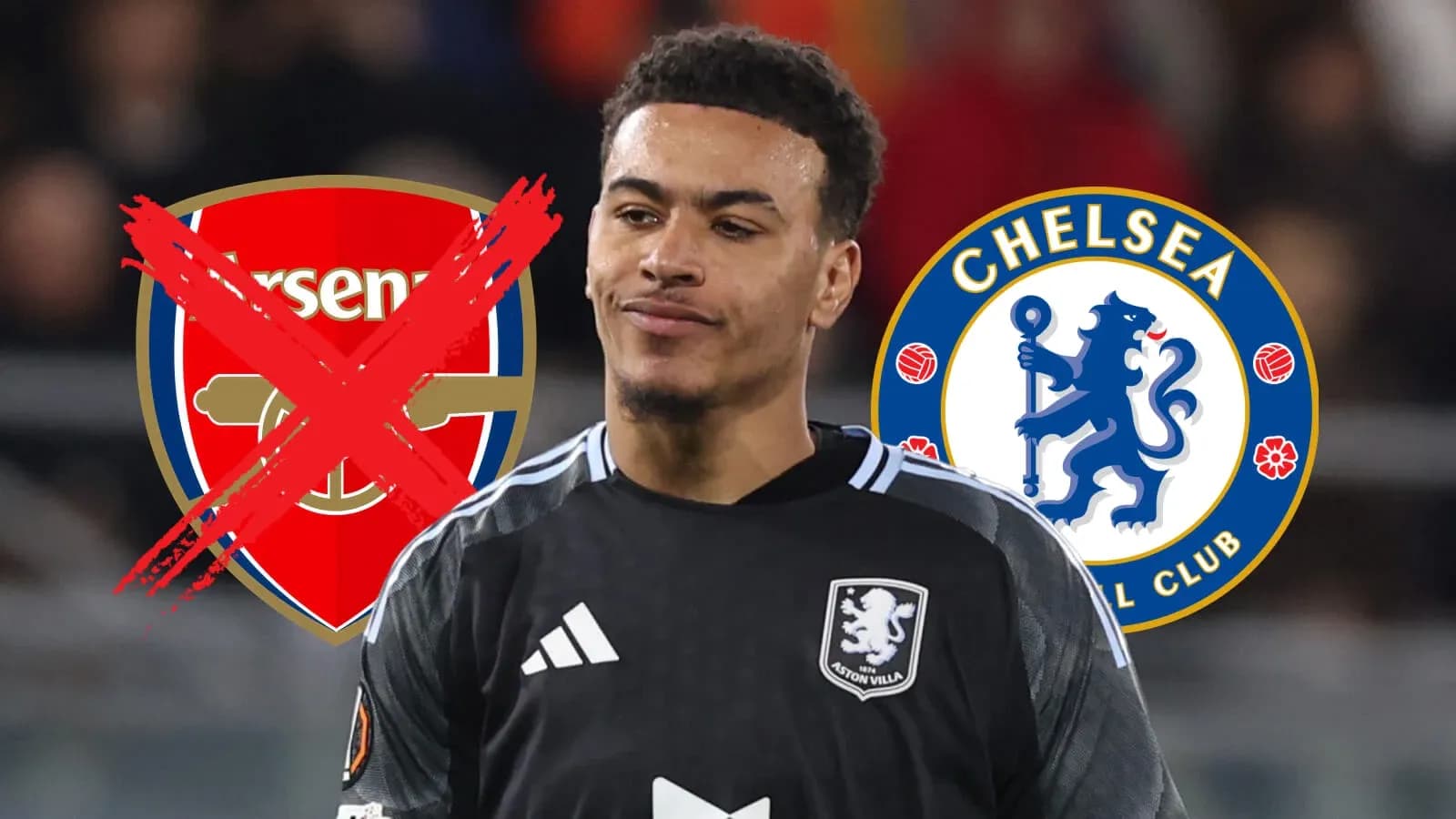Goalkeeper with Arsenal and Chelsea logos behind Goalkeeper with Arsenal and Chelsea logos behind