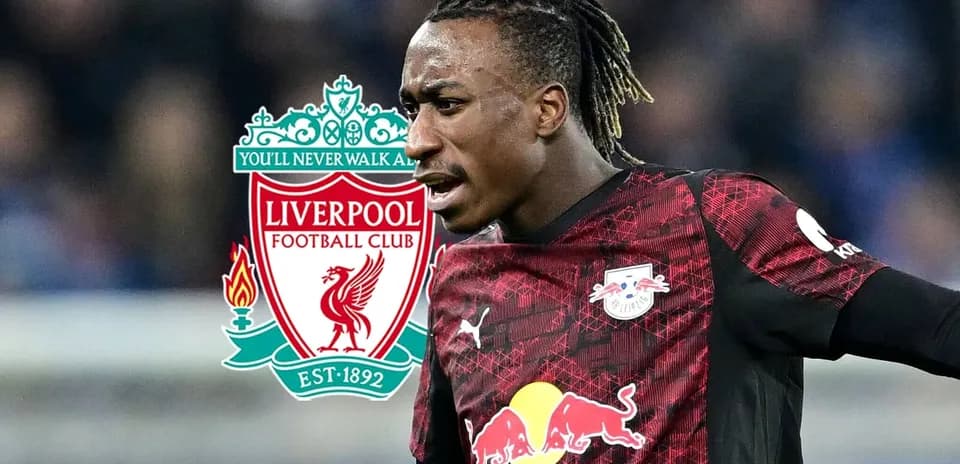 Player in RB Leipzig kit with Liverpool logo background Player in RB Leipzig kit with Liverpool logo background