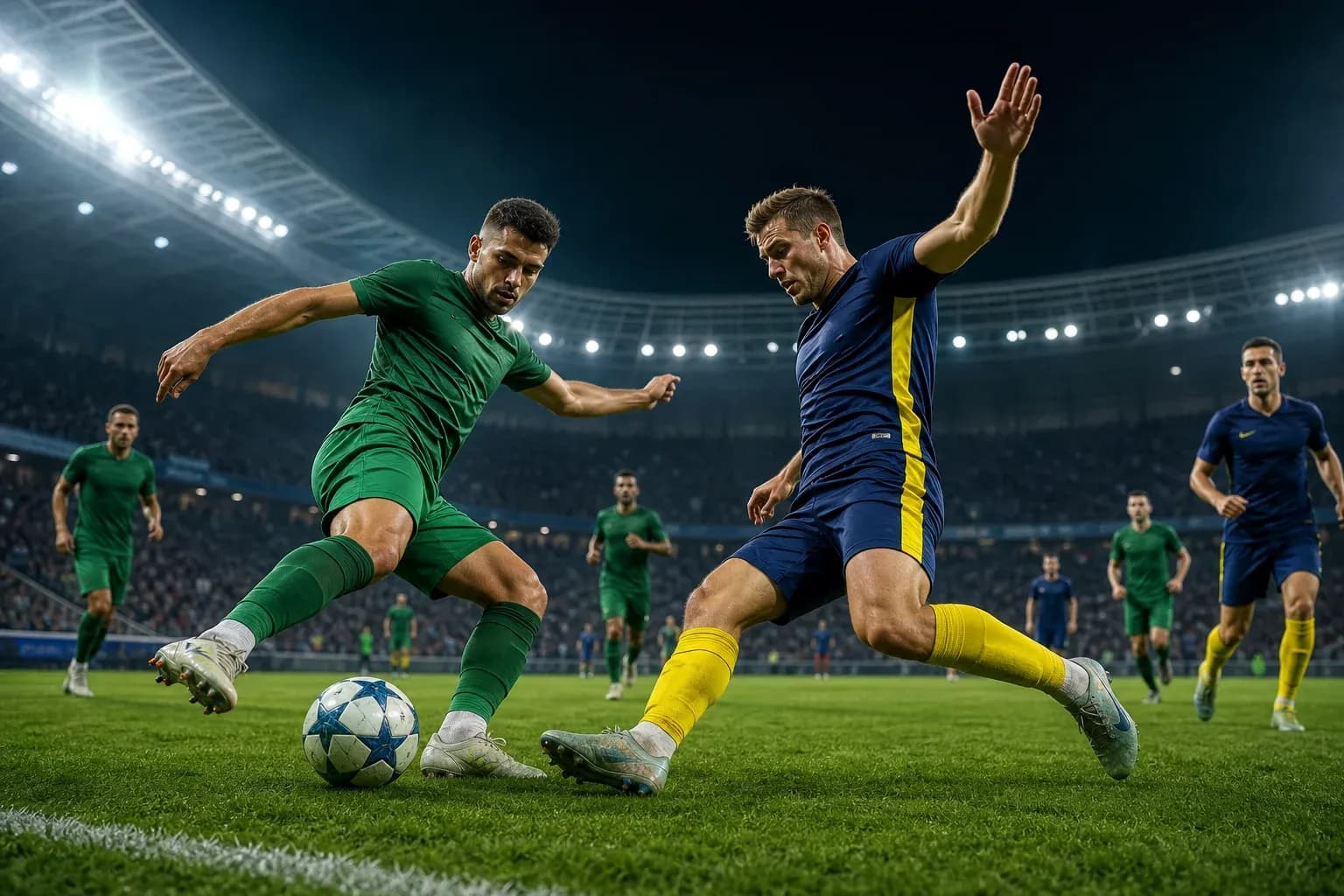 Players competing for the ball in UEFA match Players competing for the ball in UEFA match