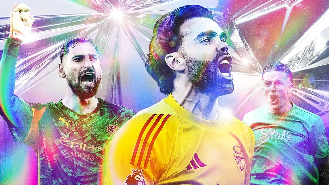 Three goalkeepers celebrating in vibrant graphic design Three goalkeepers celebrating in vibrant graphic design
