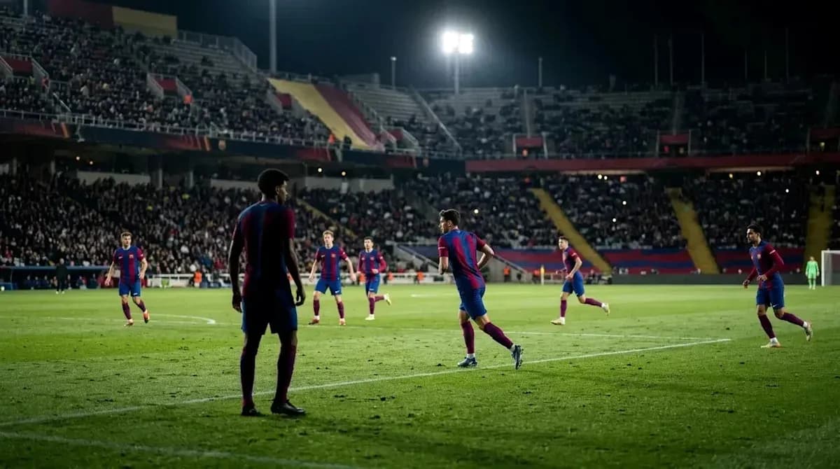 FC Barcelona players during a night match at stadium FC Barcelona players during a night match at stadium