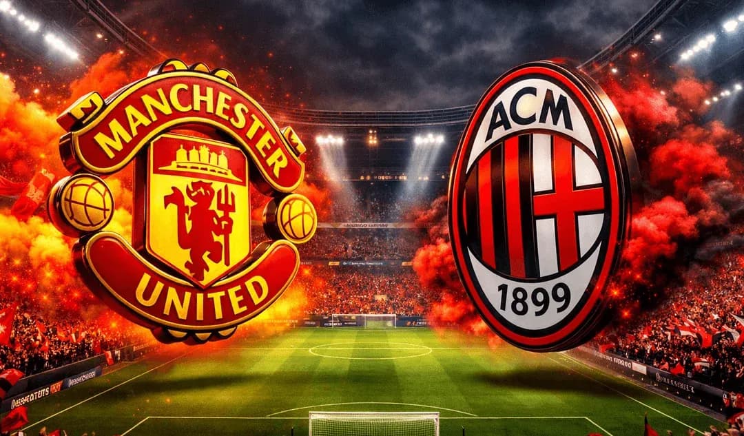 Logos of Manchester United and AC Milan with stadium background Logos of Manchester United and AC Milan with stadium background