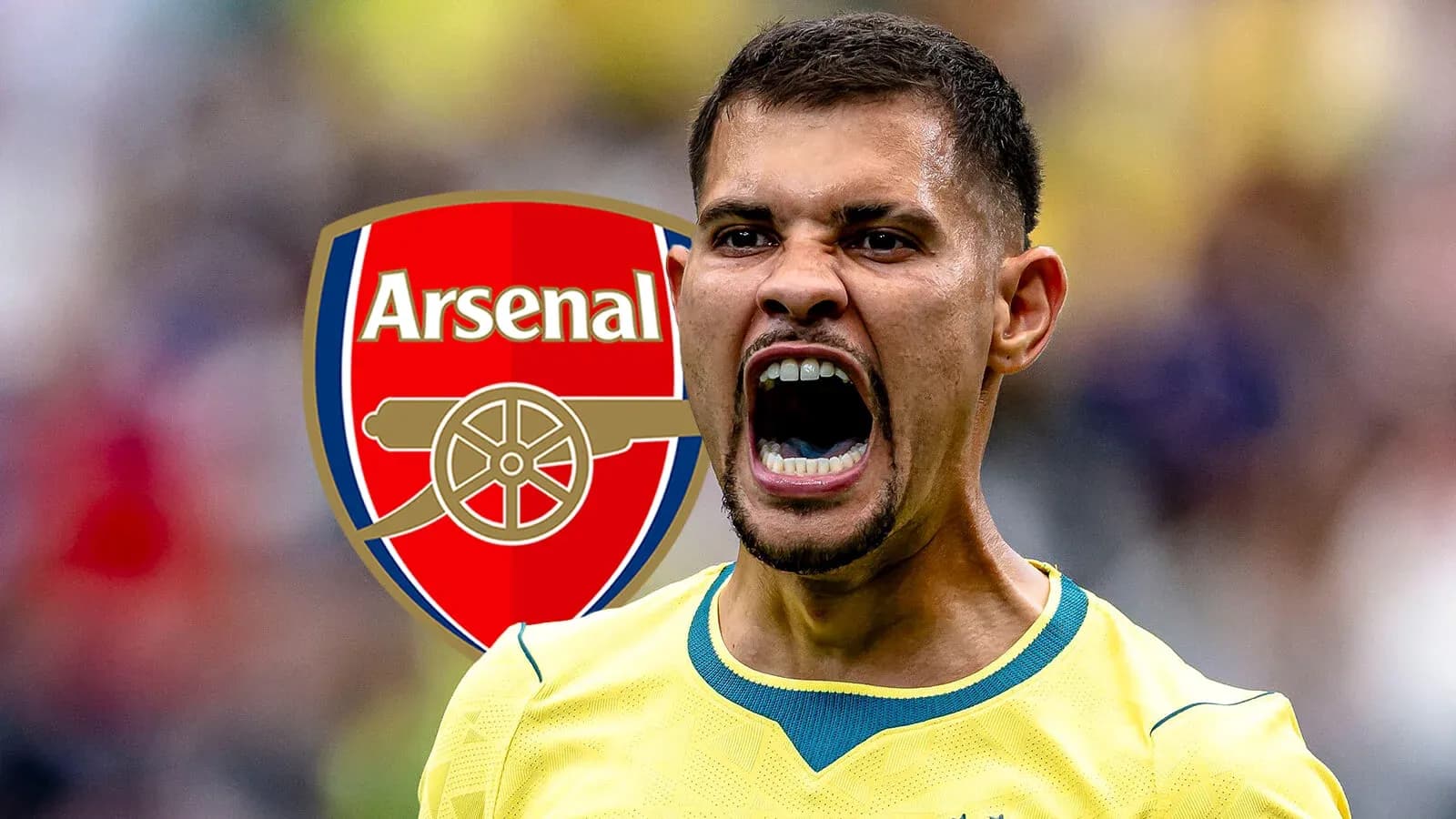 Player celebrating with Arsenal logo in background Player celebrating with Arsenal logo in background