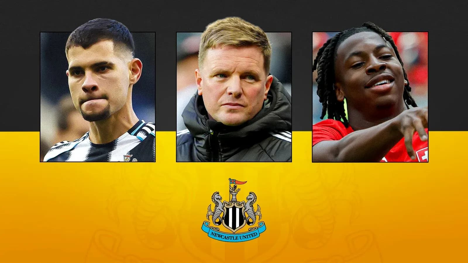 Three Newcastle United figures on a team graphic Three Newcastle United figures on a team graphic