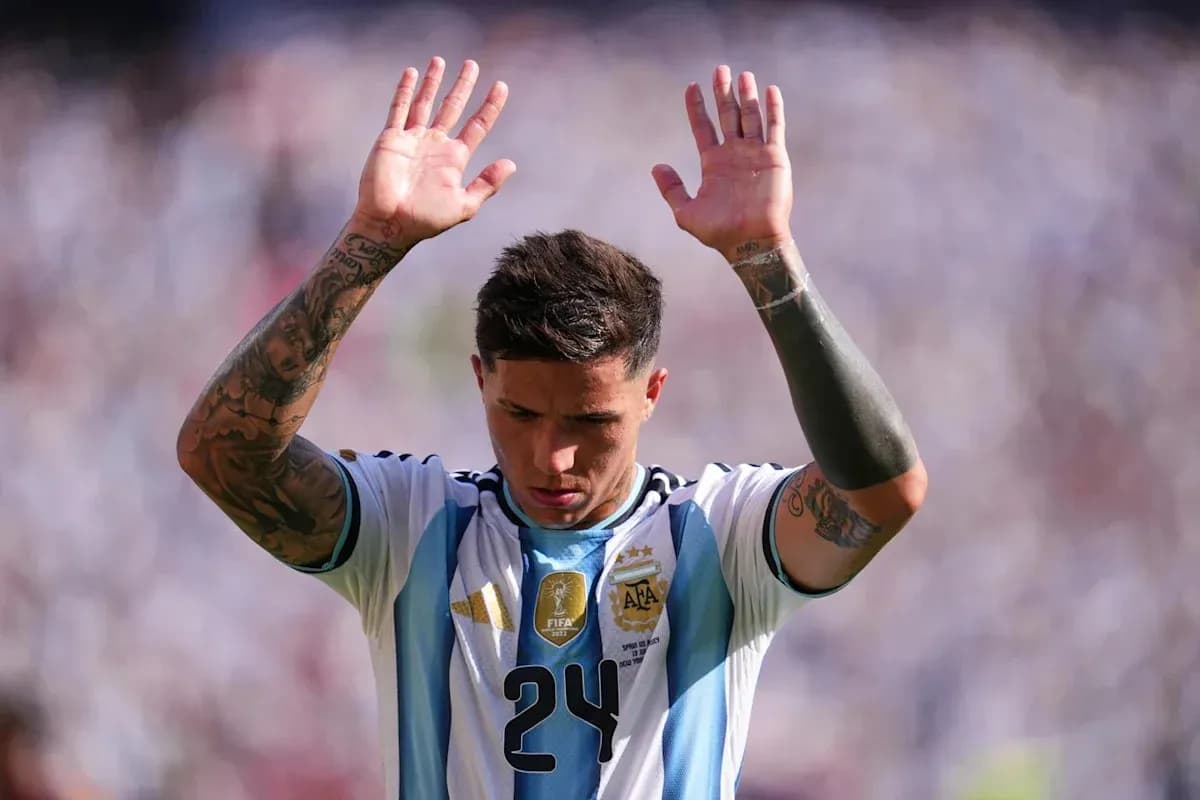 Player in Argentina kit raising hands during match Player in Argentina kit raising hands during match