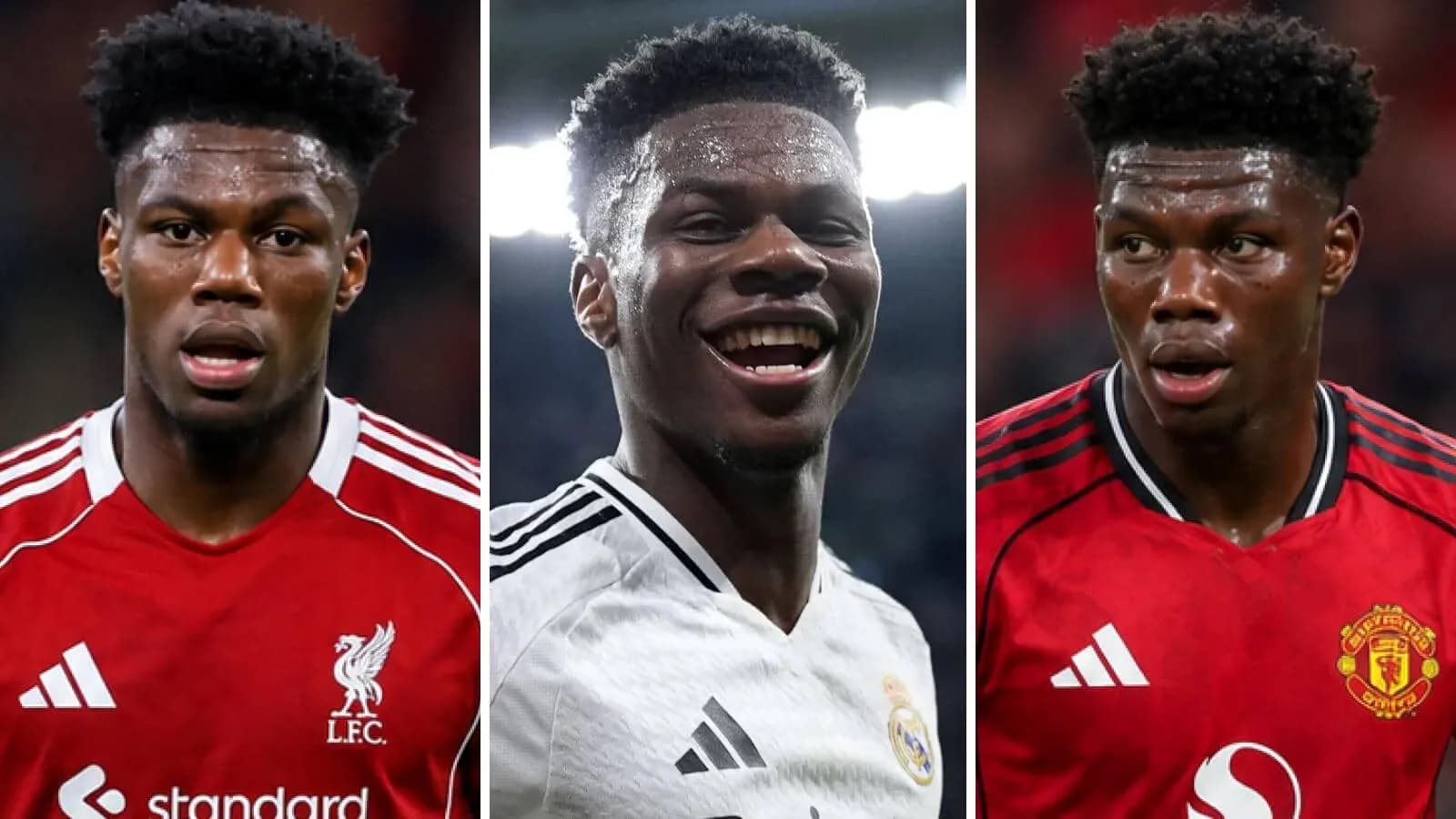 Player in Liverpool, Real Madrid, and Manchester United kits Player in Liverpool, Real Madrid, and Manchester United kits