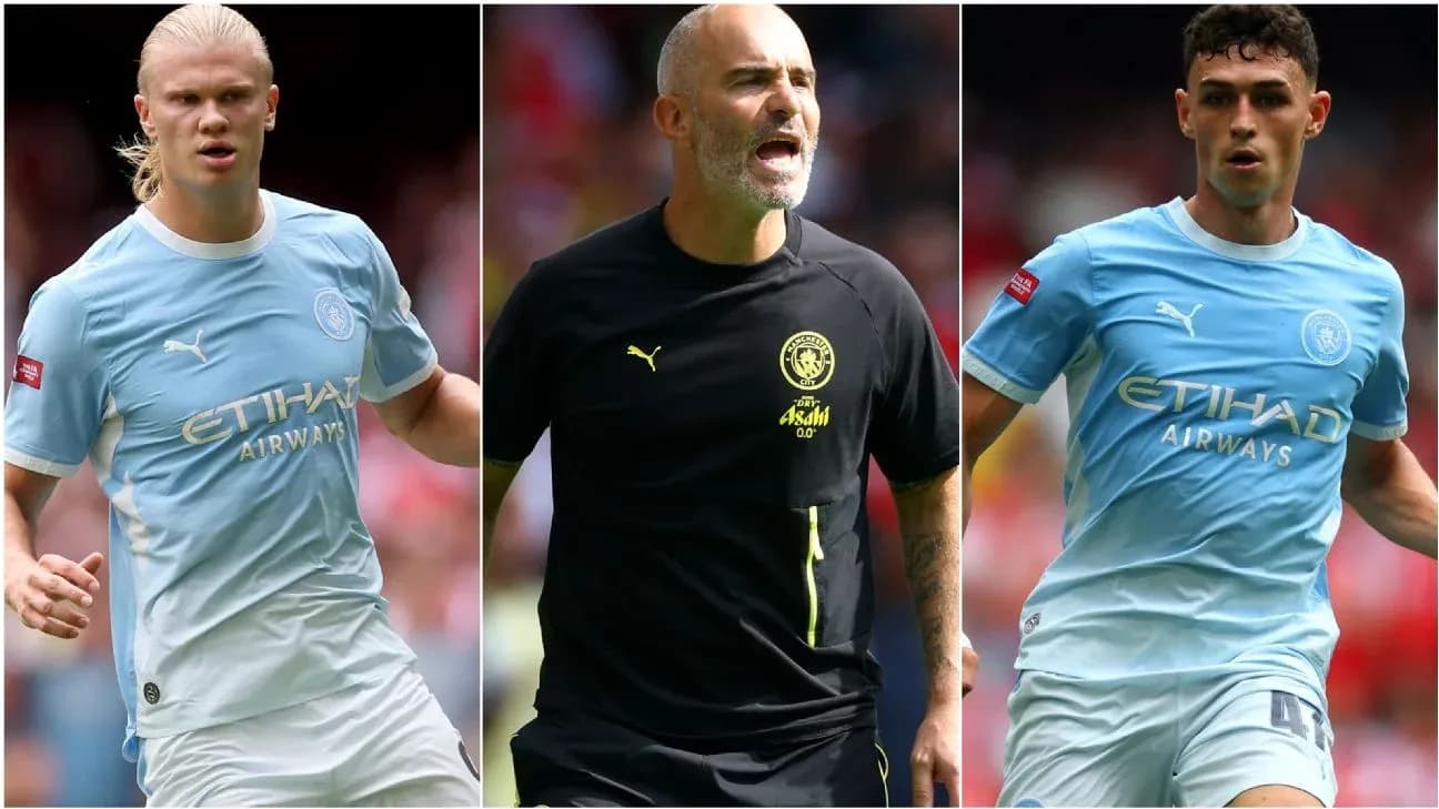 Three Manchester City players during match warm-up Three Manchester City players during match warm-up