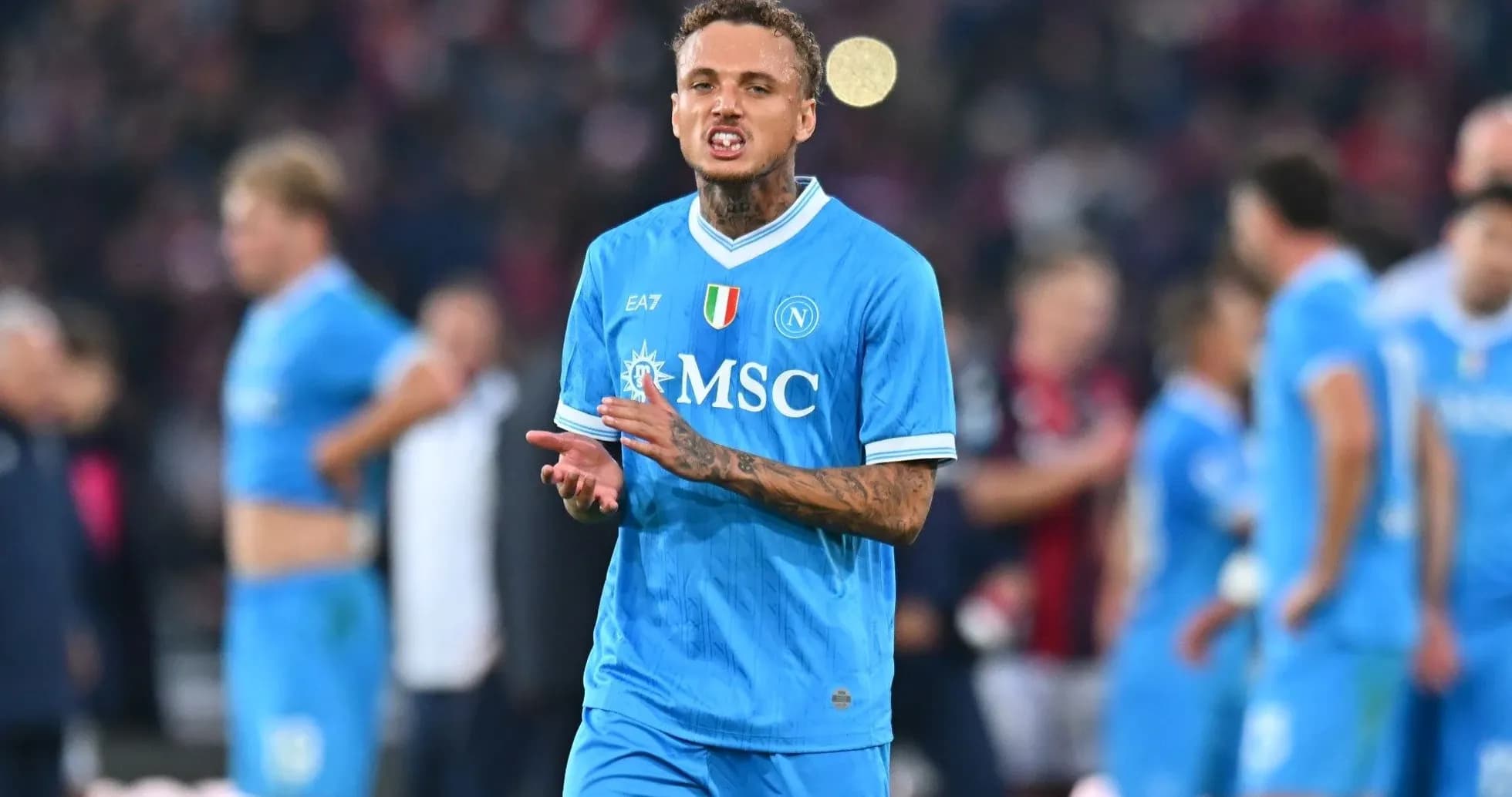 Player in blue jersey reacting during football match Player in blue jersey reacting during football match