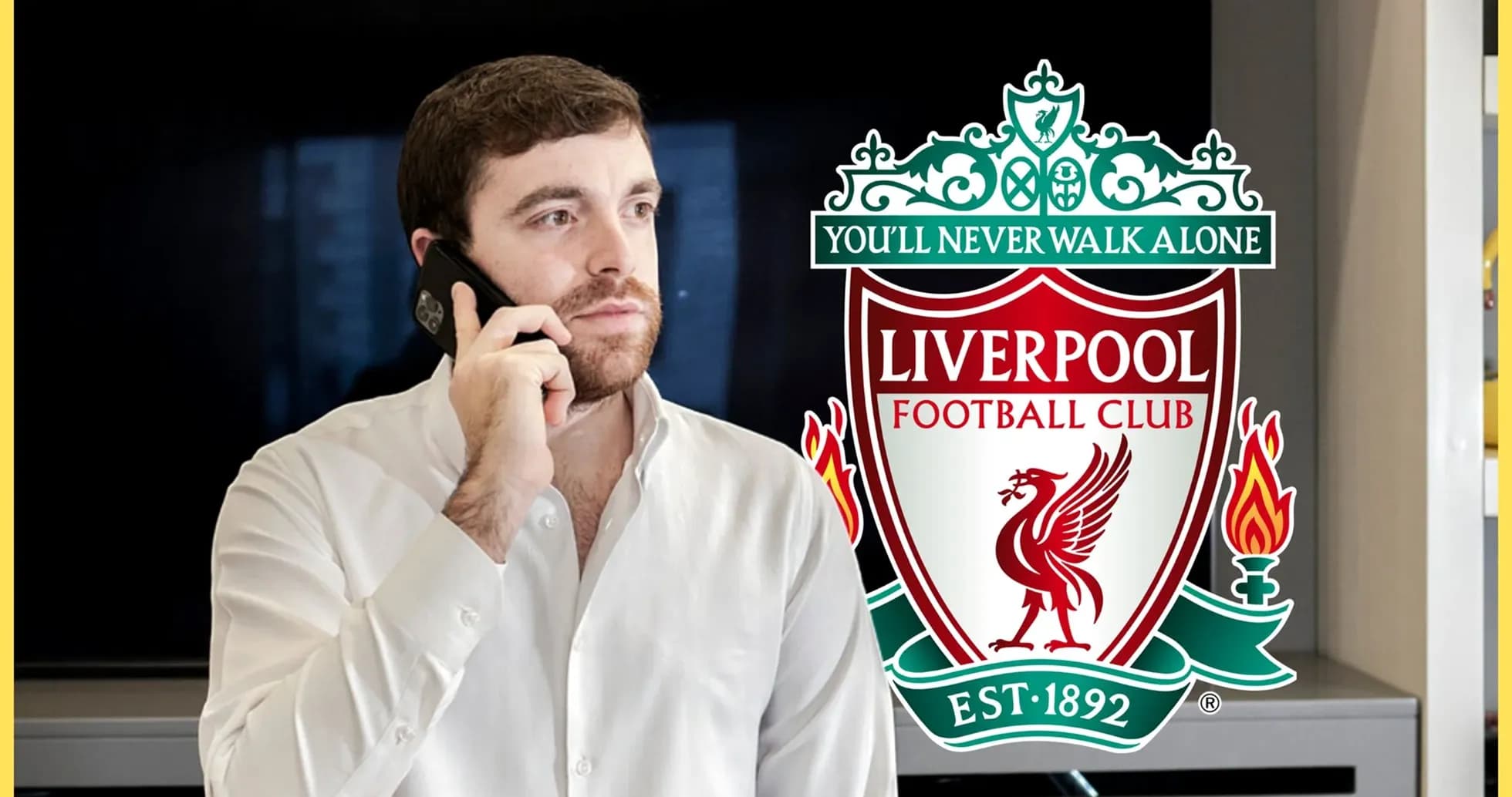 Person talking on phone with Liverpool FC logo Person talking on phone with Liverpool FC logo