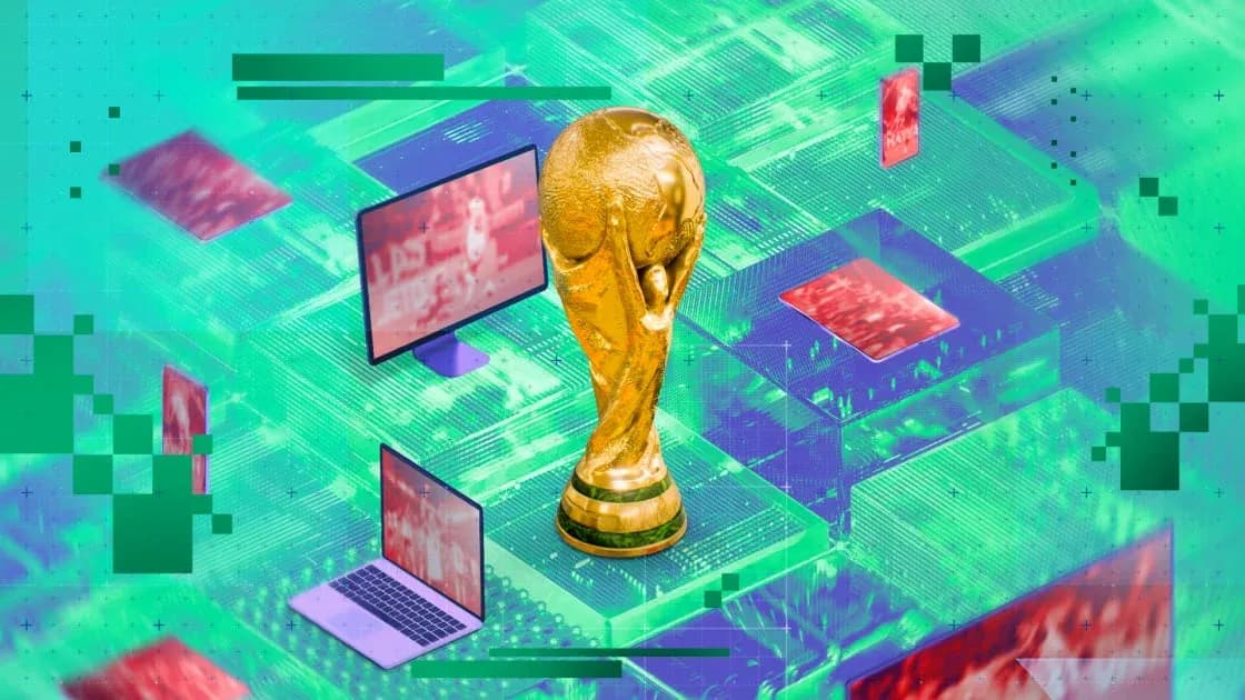 Golden World Cup trophy with digital screens background Golden World Cup trophy with digital screens background