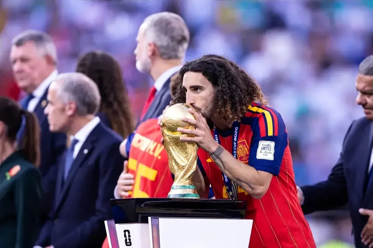 Player kissing World Cup trophy on podium Player kissing World Cup trophy on podium
