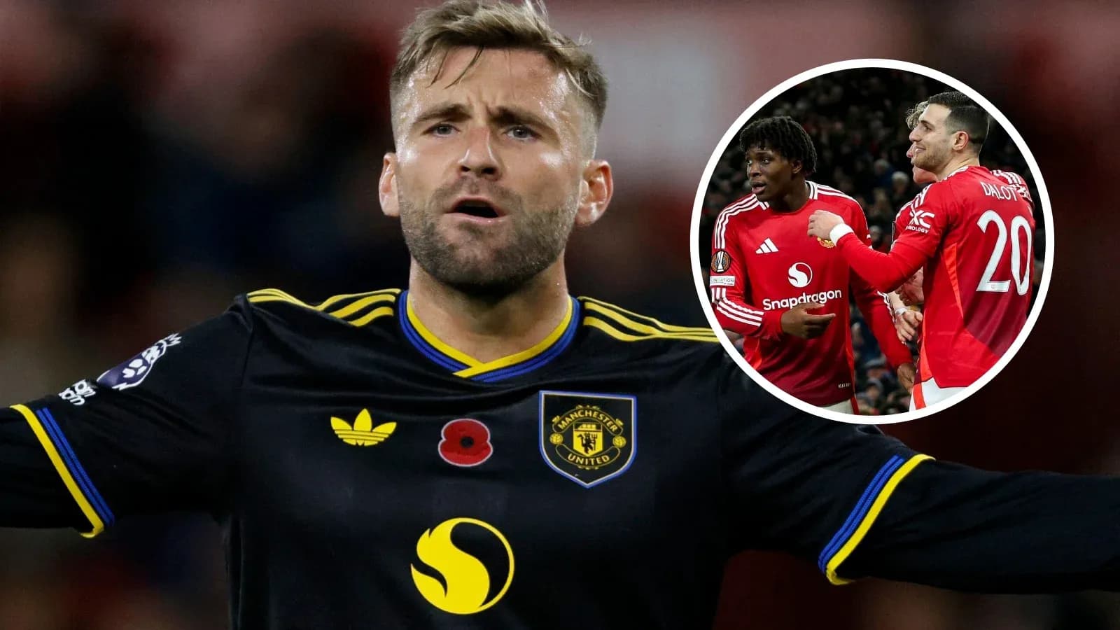 Luke Shaw celebrating during match with teammates Luke Shaw celebrating during match with teammates