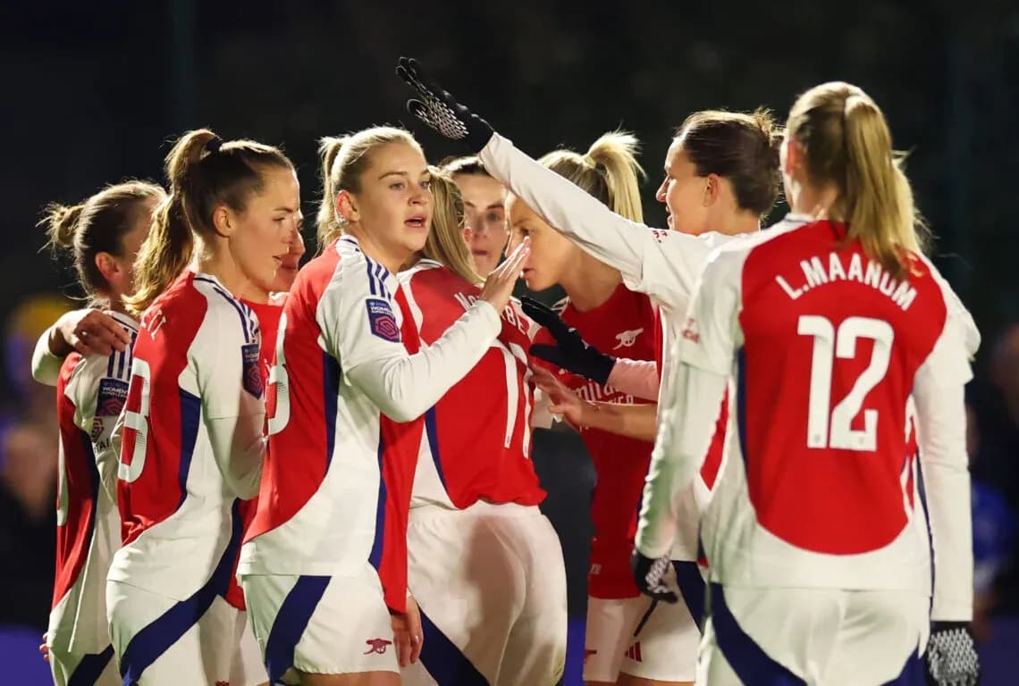 Arsenal W players celebrating during FA WSL match Arsenal W players celebrating during FA WSL match