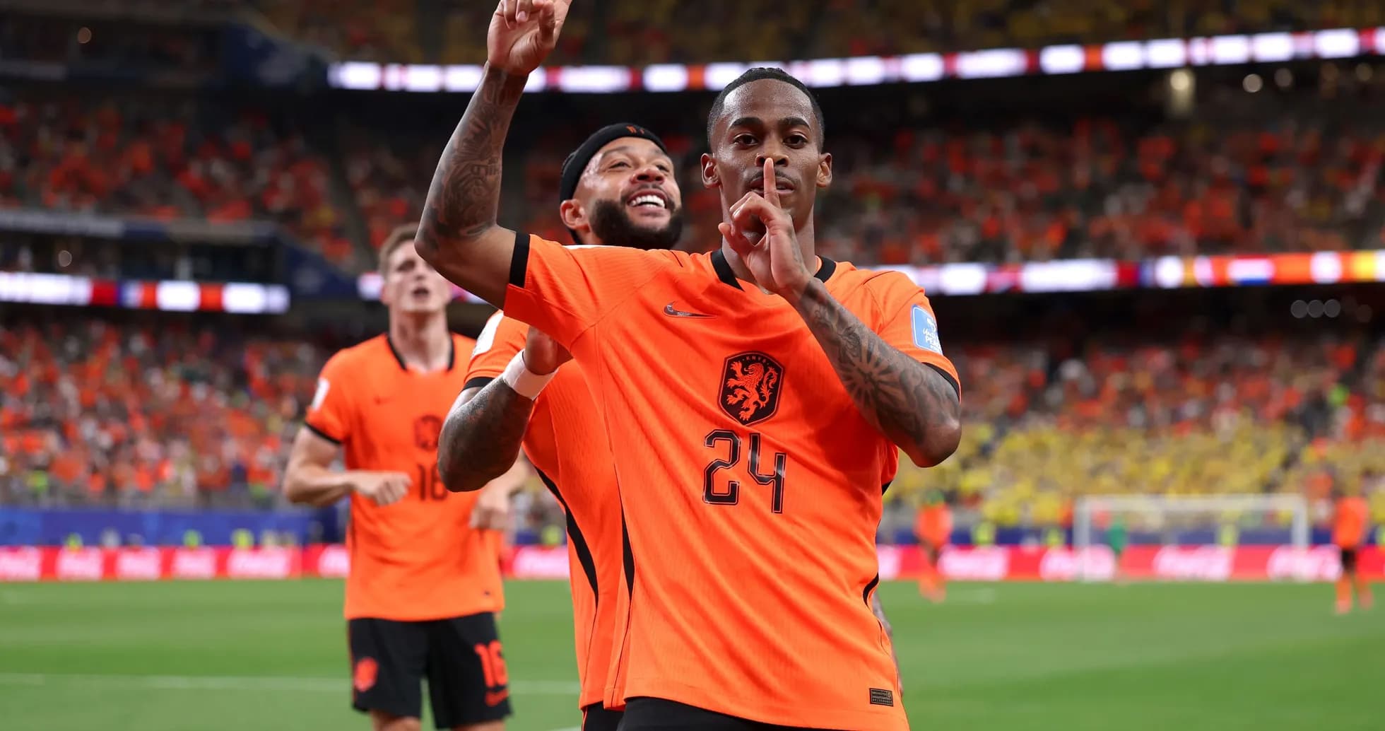 Dutch players celebrating a goal during match Dutch players celebrating a goal during match
