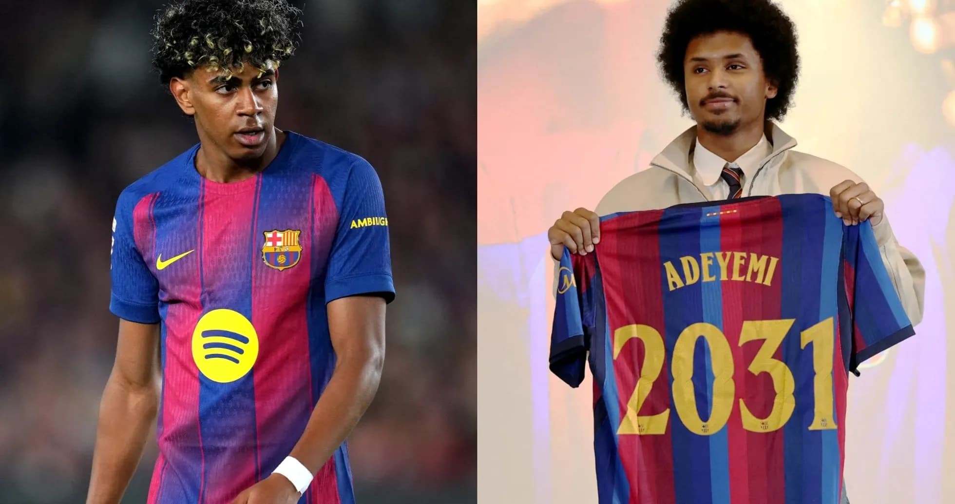 Barcelona player in kit and new signing holding jersey Barcelona player in kit and new signing holding jersey