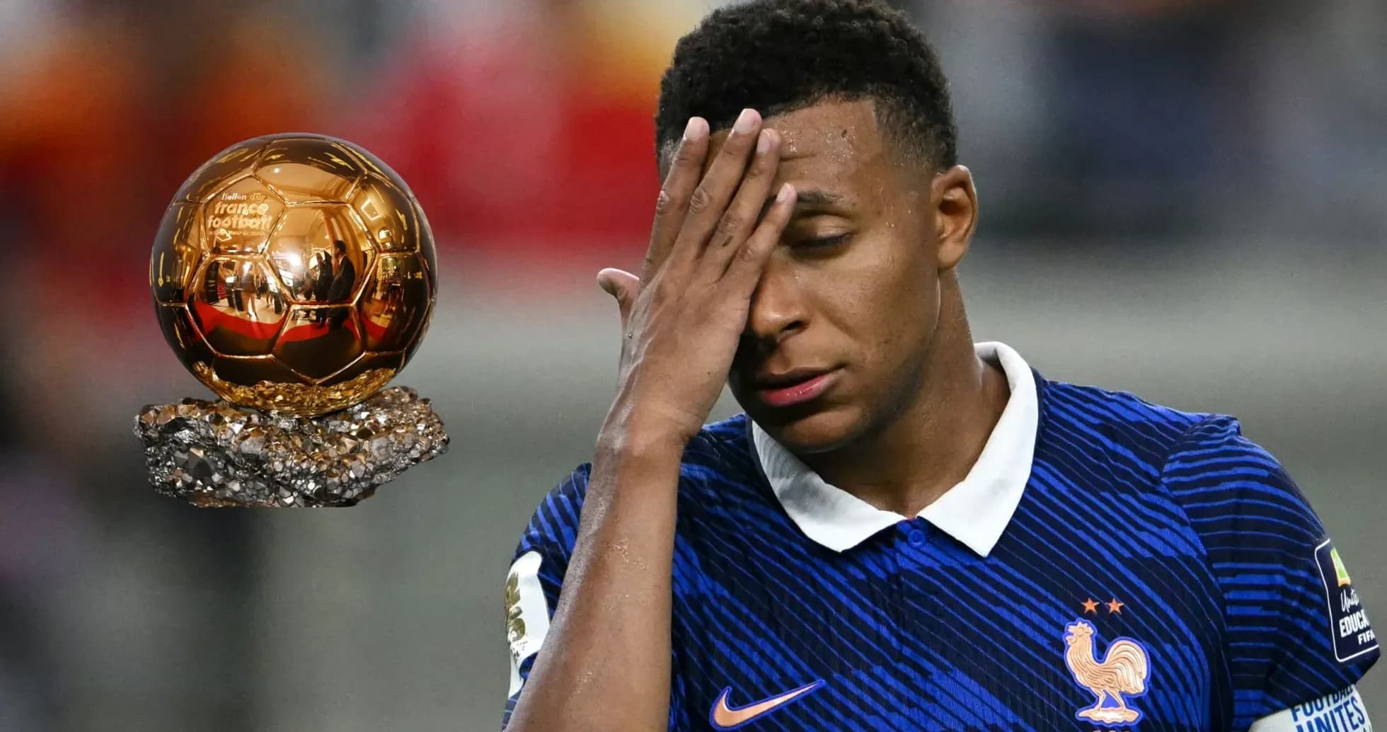 Player with hand on forehead beside Ballon d'Or trophy Player with hand on forehead beside Ballon d'Or trophy