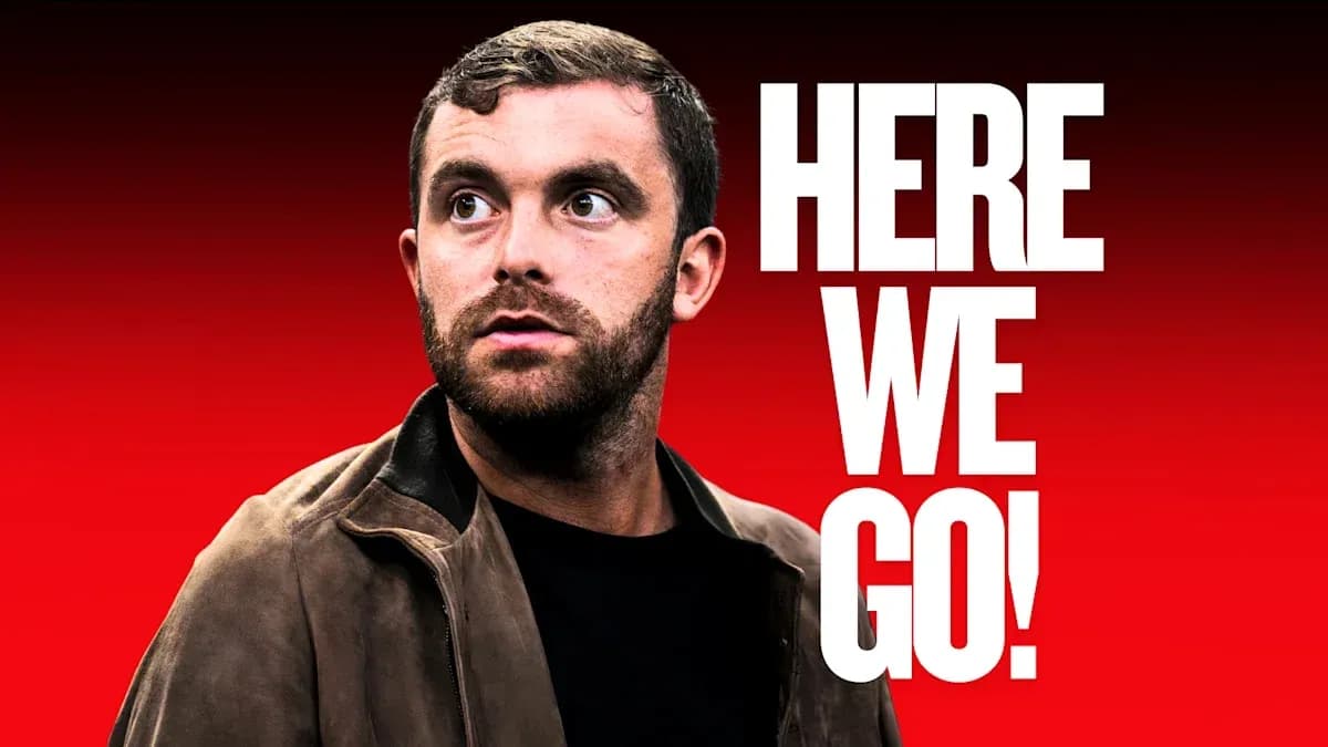 Man looking off camera with text 'HERE WE GO!' Man looking off camera with text 'HERE WE GO!'