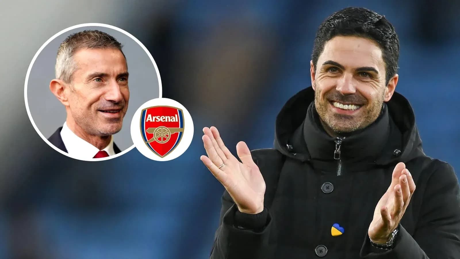 Mikel Arteta applauding during a match with Arsenal logo Mikel Arteta applauding during a match with Arsenal logo