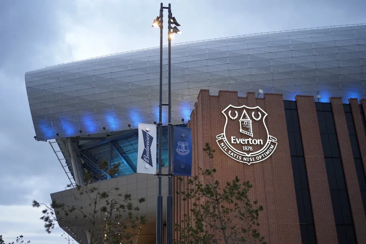 Exterior of Everton's stadium with club logo Exterior of Everton's stadium with club logo