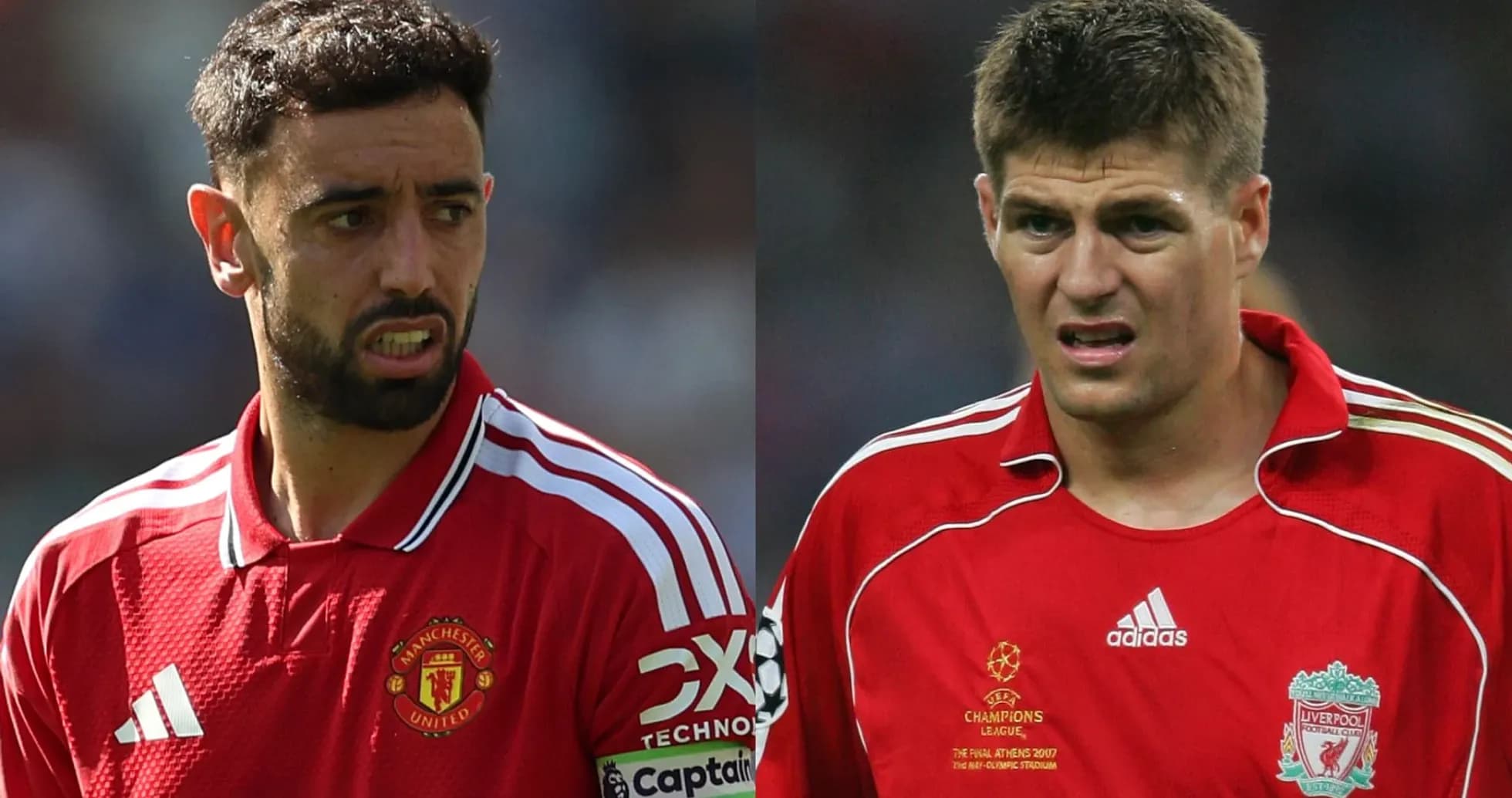 Bruno Fernandes and Steven Gerrard in red jerseys Bruno Fernandes and Steven Gerrard in red jerseys