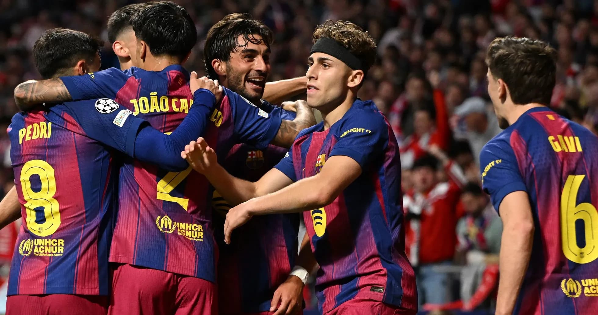 Barcelona players celebrating a goal together Barcelona players celebrating a goal together