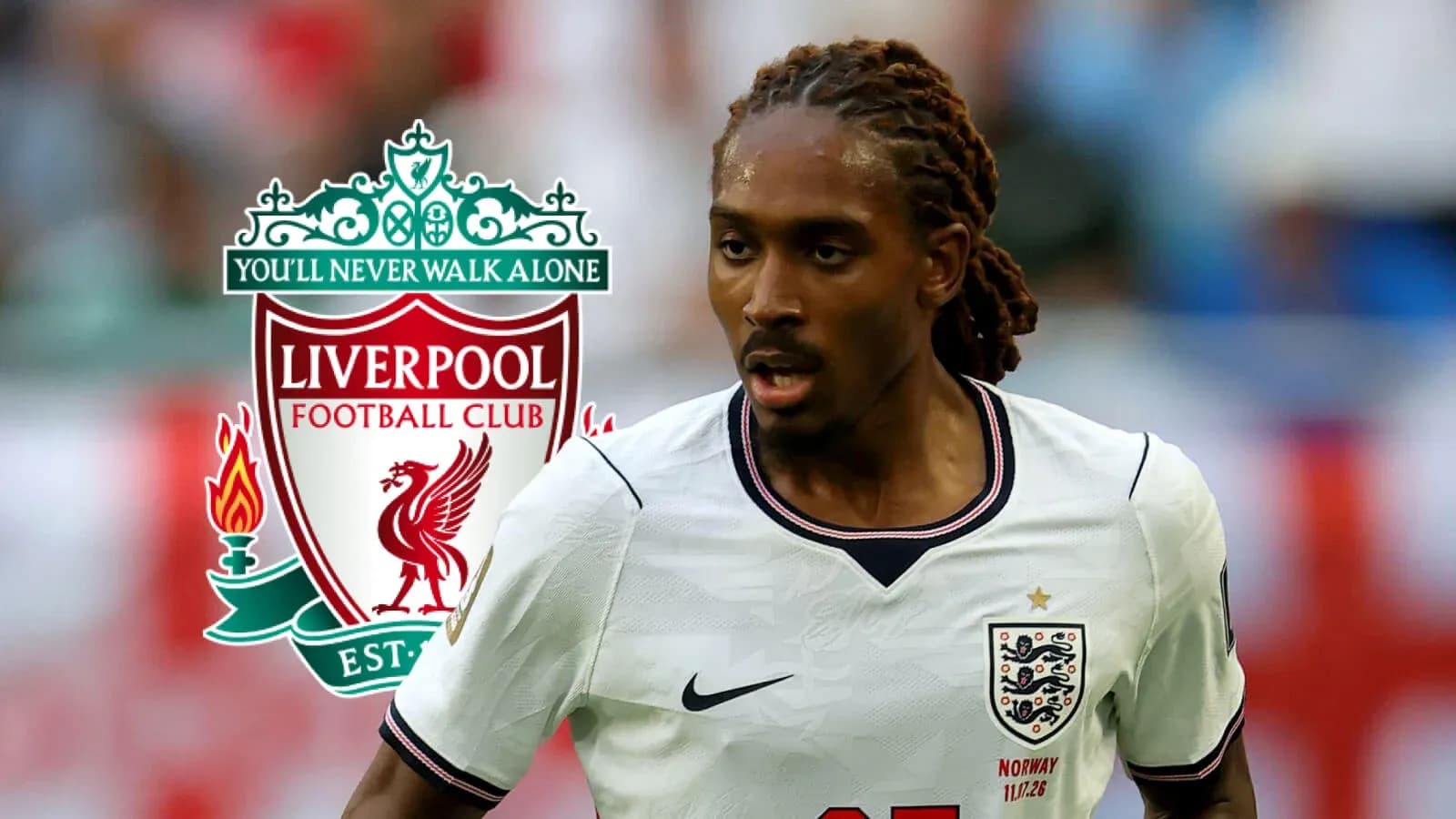 Player in England jersey with Liverpool logo background Player in England jersey with Liverpool logo background