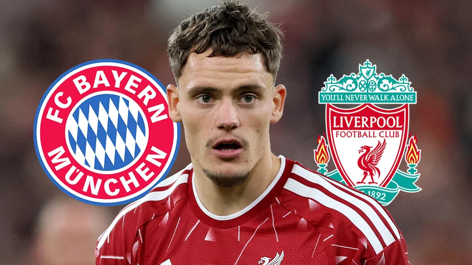 Player in Liverpool kit with Bayern and Liverpool logos Player in Liverpool kit with Bayern and Liverpool logos