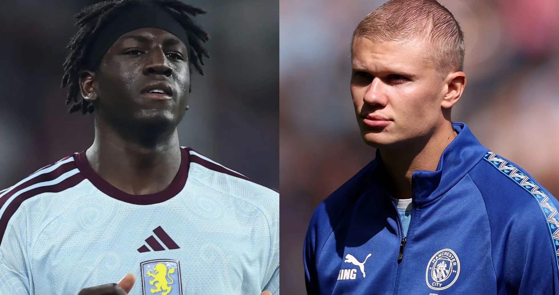 Two football players in team kits, Aston Villa and Manchester City Two football players in team kits, Aston Villa and Manchester City