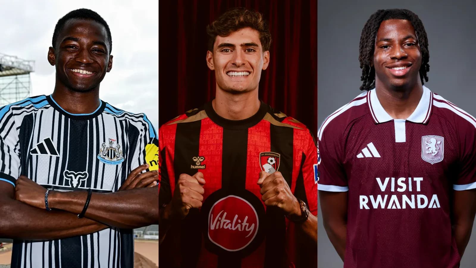 Three football players in team jerseys posing together Three football players in team jerseys posing together