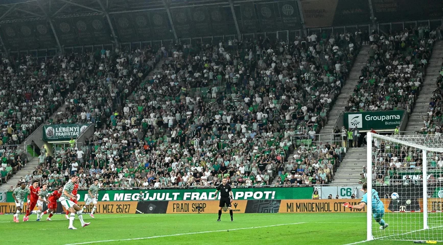 Ferencvarosi TC penalty kick during UEFA match Ferencvarosi TC penalty kick during UEFA match