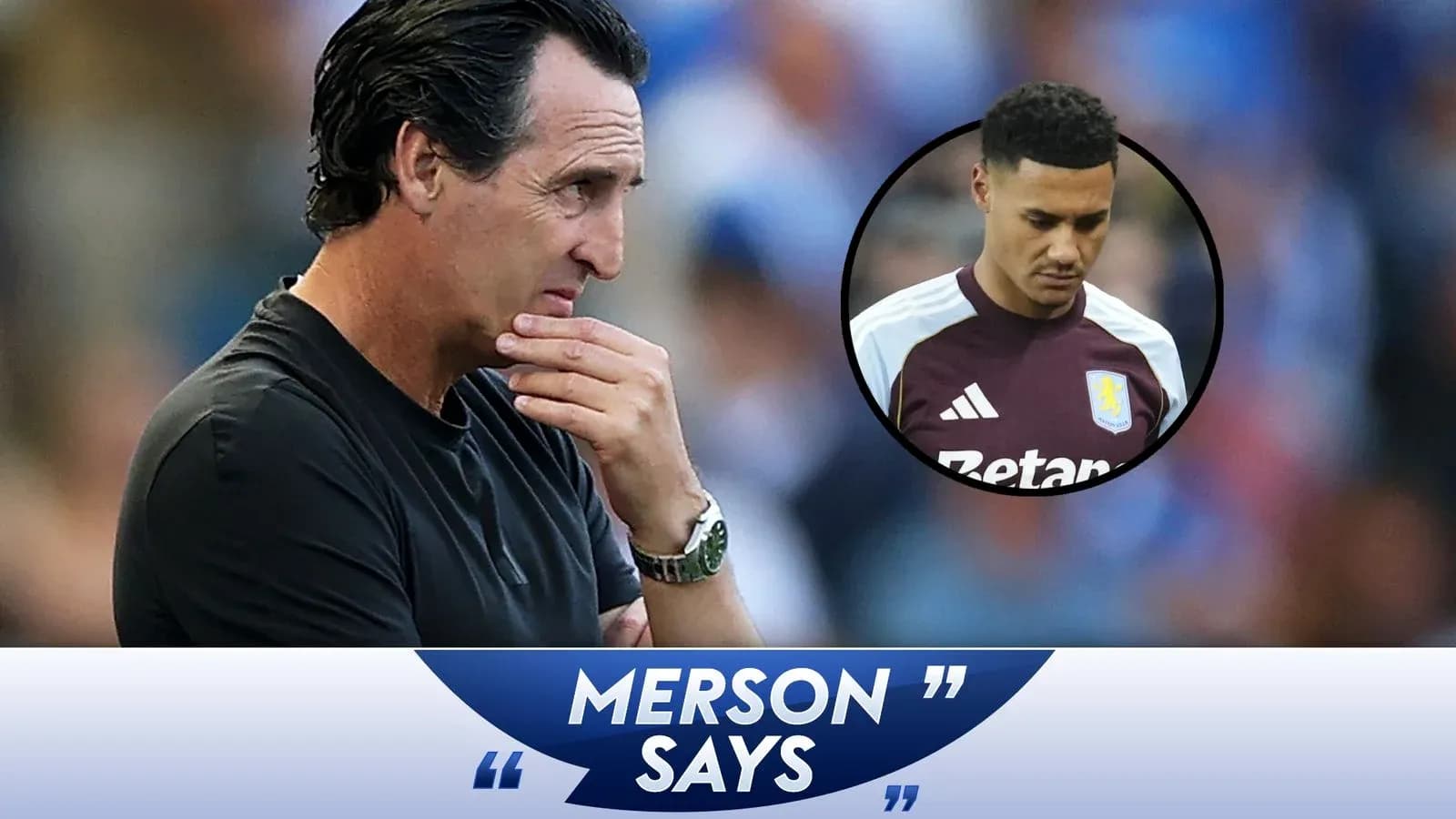 Unai Emery contemplating with player inset during discussion Unai Emery contemplating with player inset during discussion