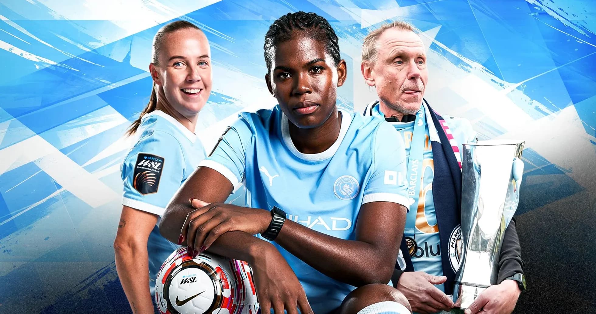 Three soccer players and coach with trophy and ball Three soccer players and coach with trophy and ball