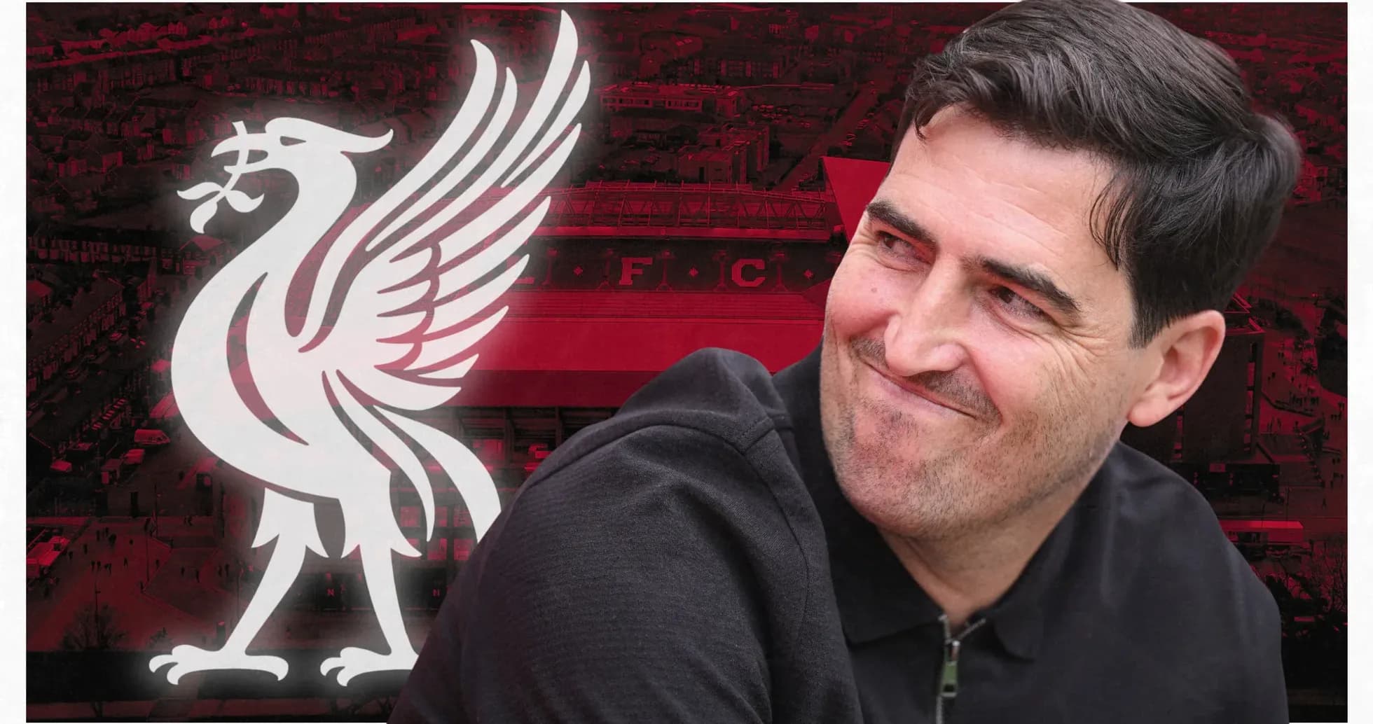 Man smiling in front of Liverpool FC logo Man smiling in front of Liverpool FC logo