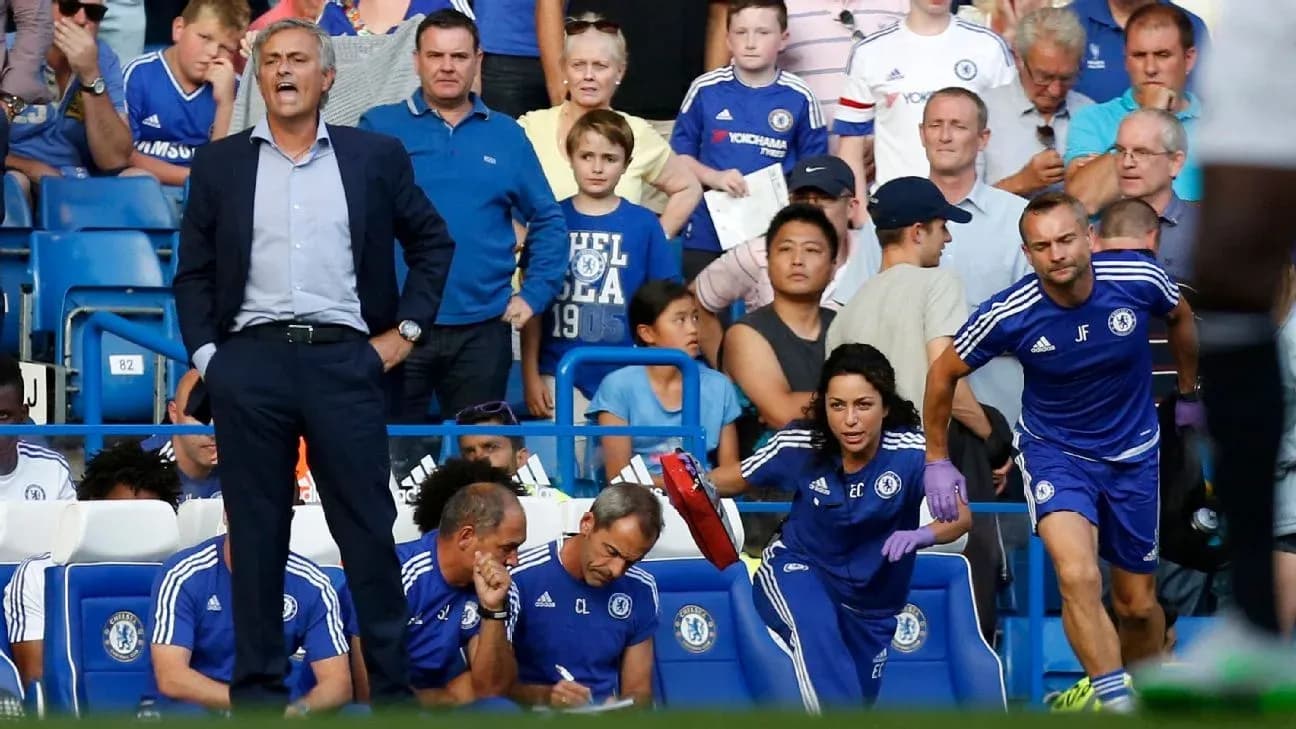 Jose Mourinho coaching with Chelsea staff on sideline Jose Mourinho coaching with Chelsea staff on sideline