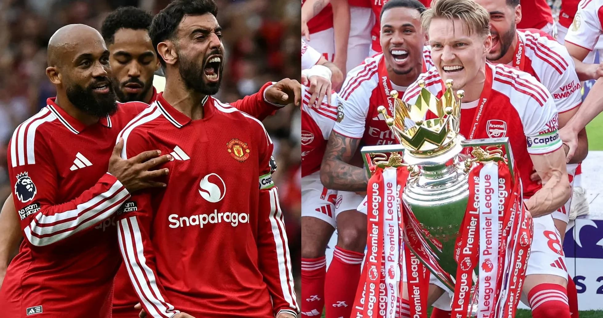 Manchester United players celebrating alongside Arsenal with trophy Manchester United players celebrating alongside Arsenal with trophy