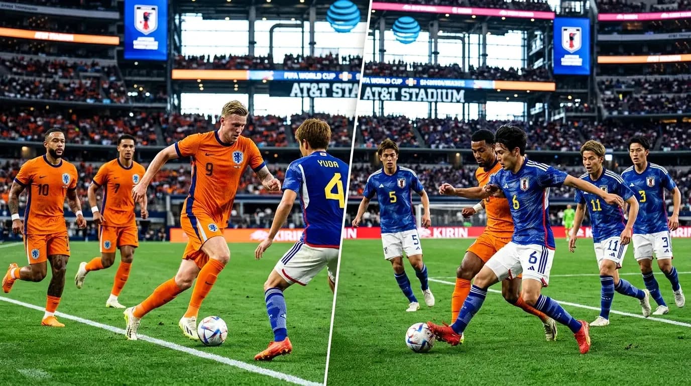 Players from Netherlands and Japan competing for the ball Players from Netherlands and Japan competing for the ball