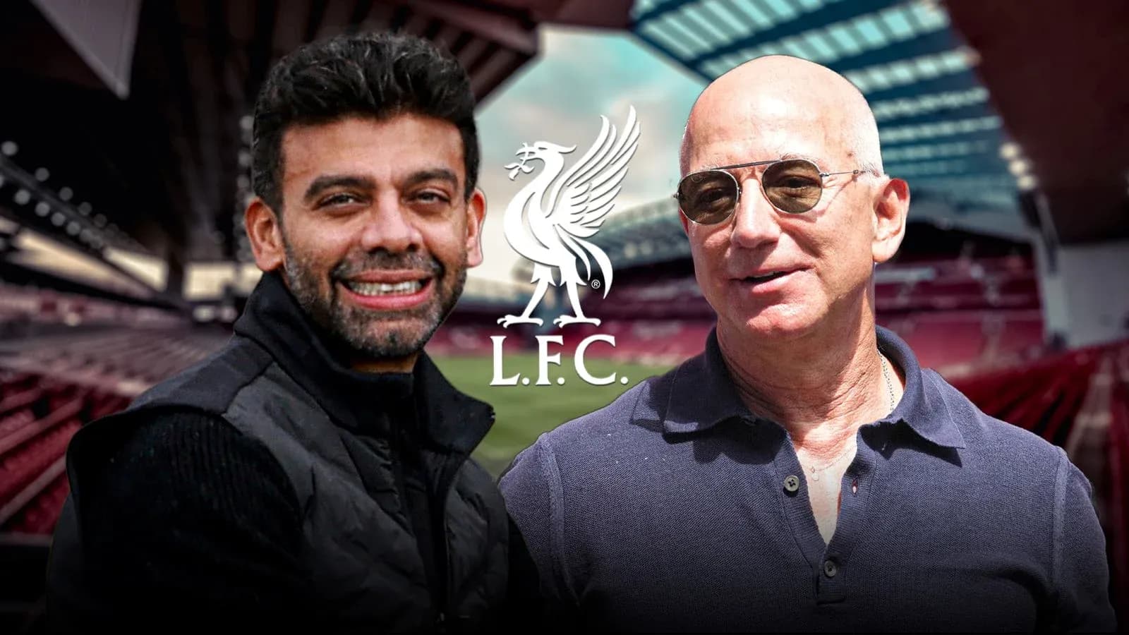 Two men smiling in front of football stadium Two men smiling in front of football stadium