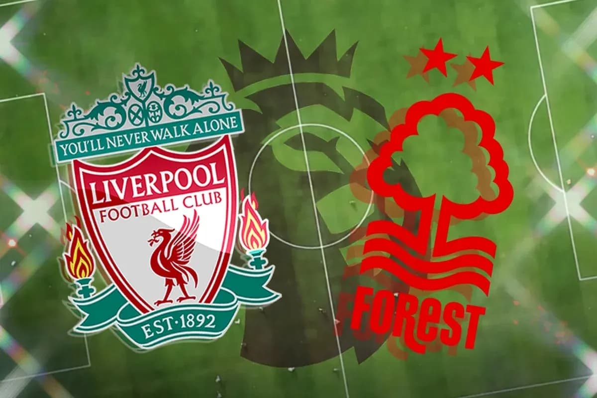 Logos of Liverpool and Nottingham Forest on field Logos of Liverpool and Nottingham Forest on field