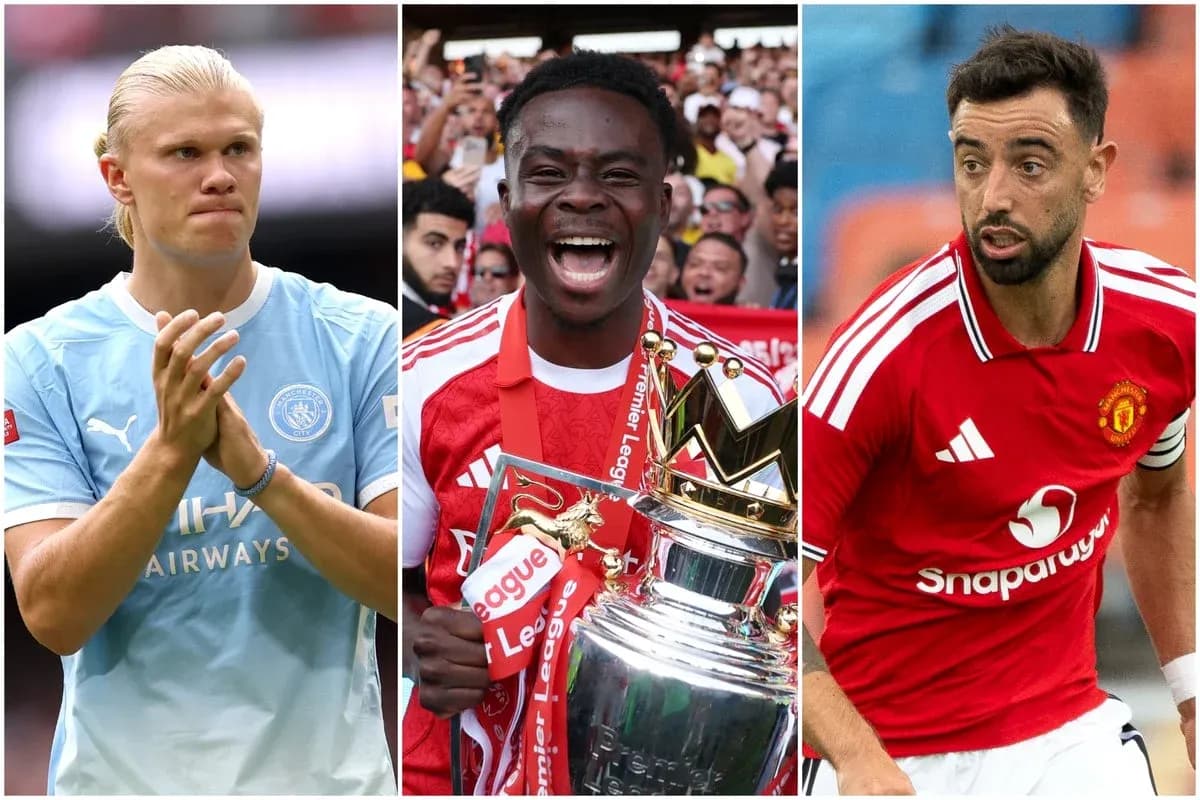 Three football players in team jerseys and trophies Three football players in team jerseys and trophies