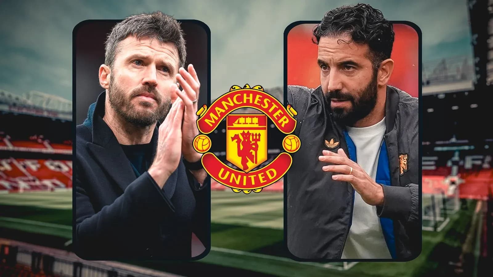Two coaches in front of Manchester United logo Two coaches in front of Manchester United logo